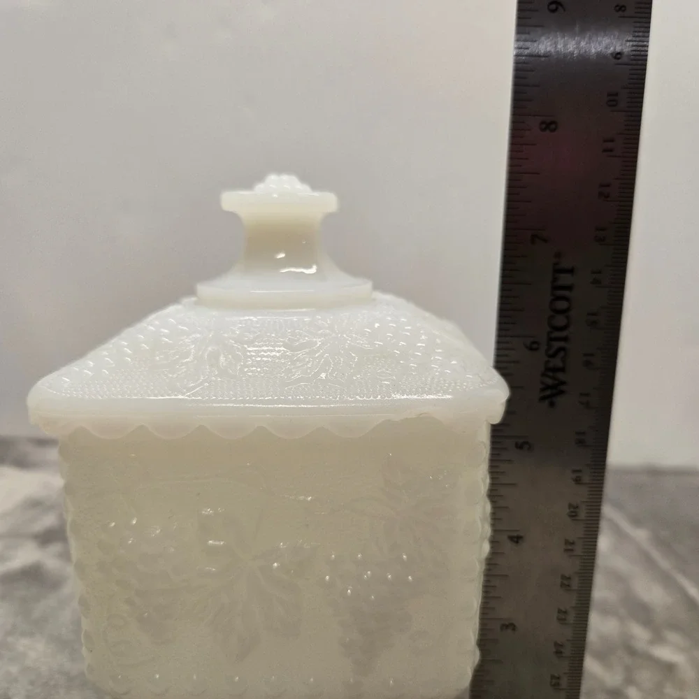 Westmoreland Milk Glass Paneled Grape Square Candy Dish w/Lid Vintage Pedestal